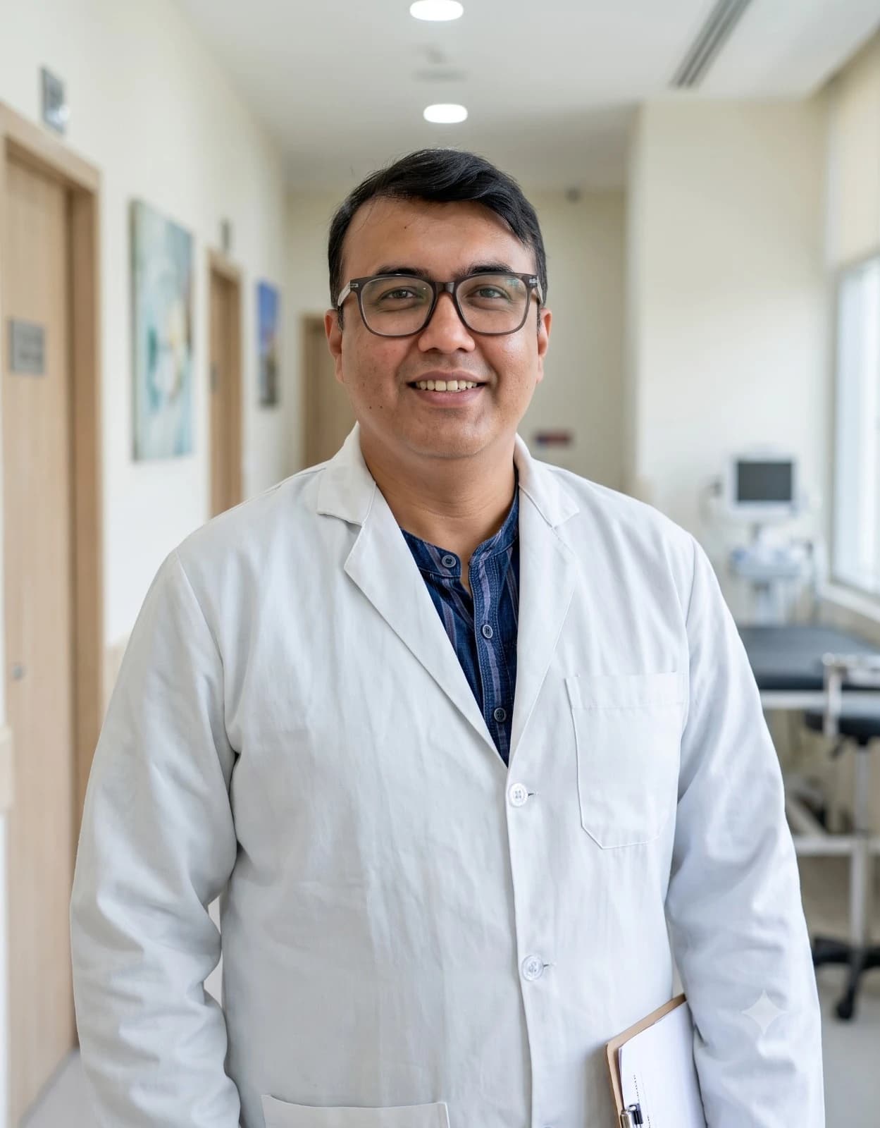 Dr. Abhilekh smiling in the clinic corridor
